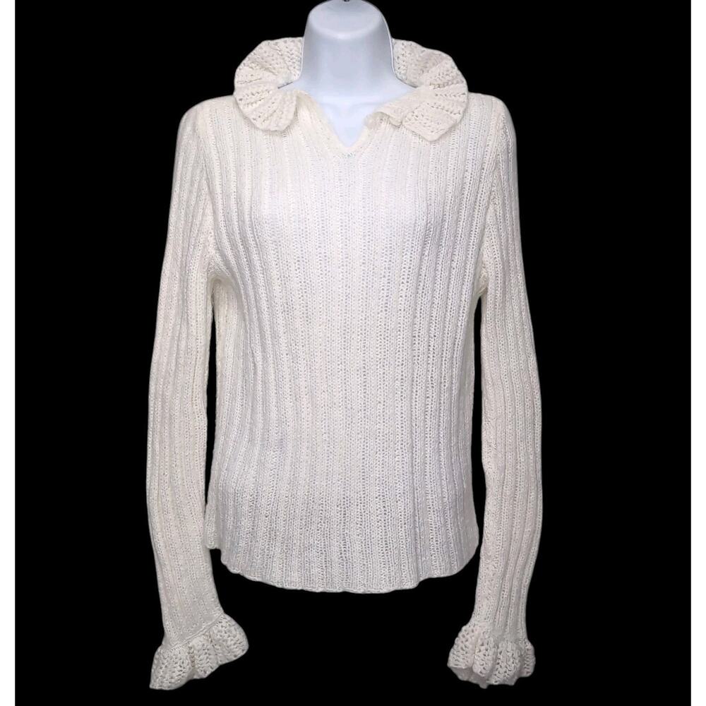 Hand Knit Handmade Pullover Sweater Womens Size‎ S-M White Ruffle Collar Sleeves